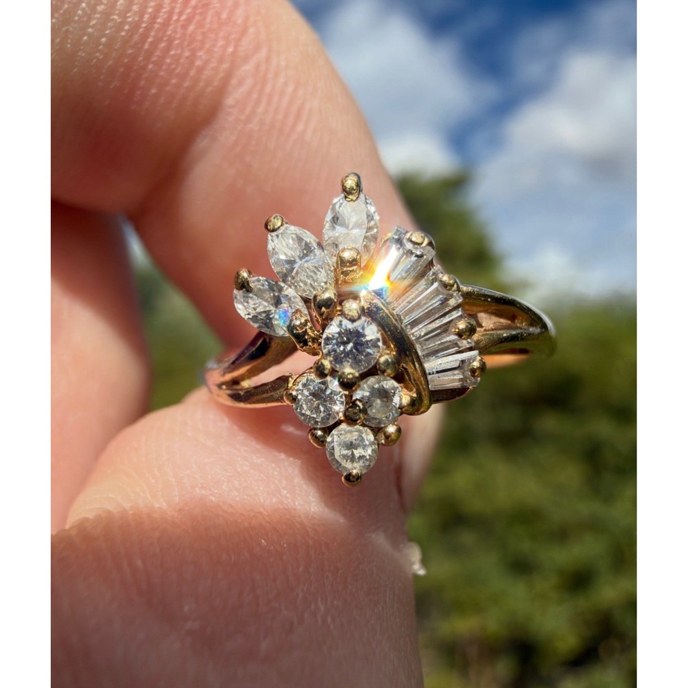 Vintage 14k Solid Yellow Gold Natural Marquie Round & Baguette Diamond Ring